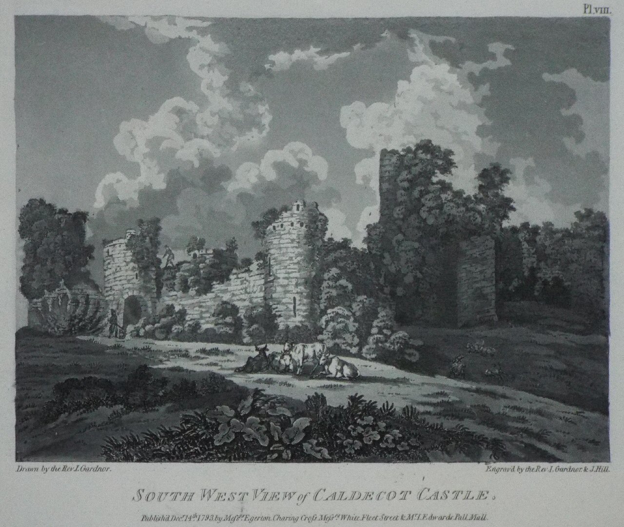 Aquatint - South West View of Caldecot Castle. - Gardner
